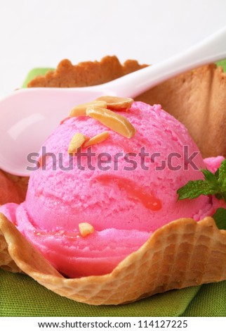 Fruit flavored ice cream in a wafer bowl
