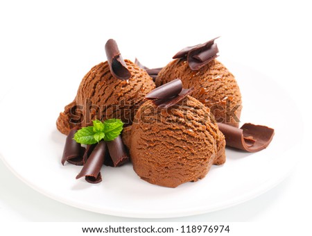 Scoops of chocolate fudge ice cream decorated with chocolate curls