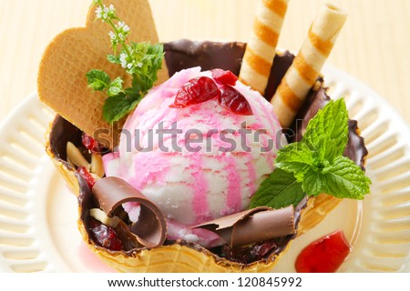 Ice cream sundae in waffle basket