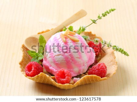 Frozen fruit yogurt ice cream and fresh raspberries in waffle basket
