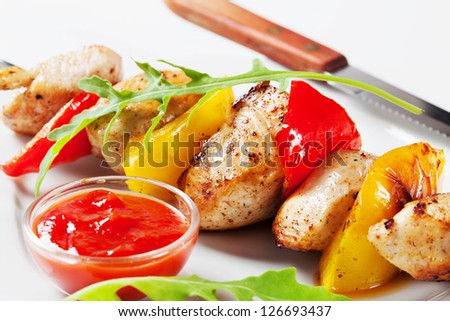 Chicken Shish kebab with hot dipping sauce
