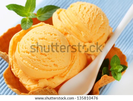 portion of fruit ice cream in a wafer bowl