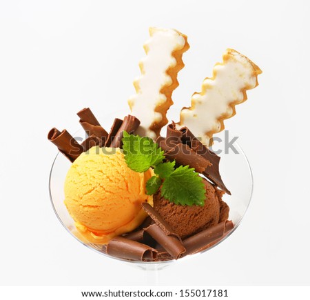 overhead view of sundae with ice cream and chocolate curls