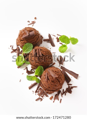 overhead view of chocolate ice cream with chocolate flakes