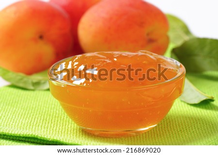 detail of apricot jam in glass bowl