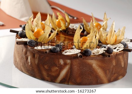 Chocolate fudge cake decorated with physalis fruit and chocolate curls