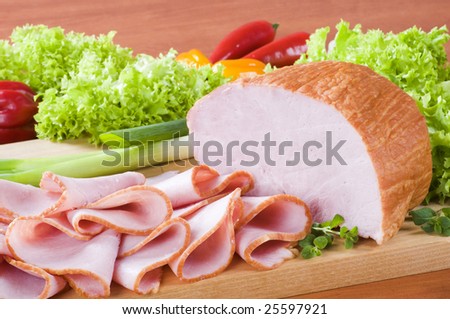 Detail view of slices of pink smoked ham