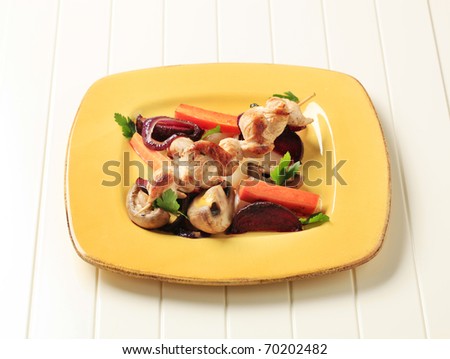 Chicken skewer and pan roasted vegetables