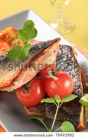Roasted salmon trout fillets and vegetable garnish