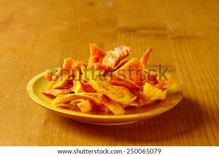 plate of dried mango slices on yellow plate on wooden table
