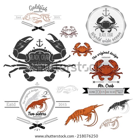 Set of retro seafood crab shrimp design elements Vector illustration without transparency Set of retro seafood crab shrimp design elements Vector illustration without transparency