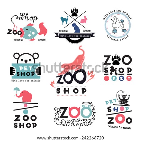 Pet store logo template. Wild animals logotype. Dog poodle logo. Wild cat elephant bear logo sign. Shop animal logo sign template. Zoo shop sign. Pet logo. Animal logo. Aquarium Fish sign