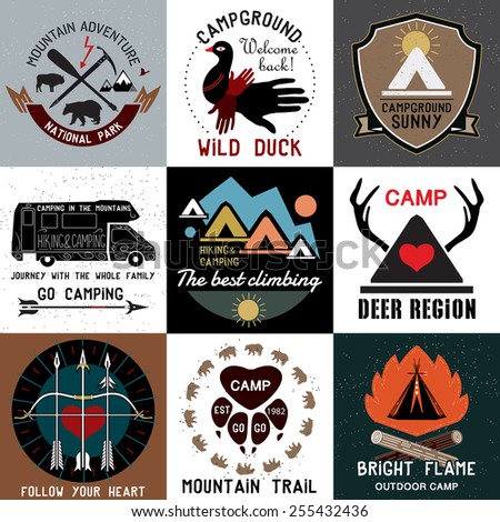 Set of vintage camping logos. Vector logo templates and badges with animals, forest, mountain, tent, campfire, antlers. Symbols of the national park and open camp.