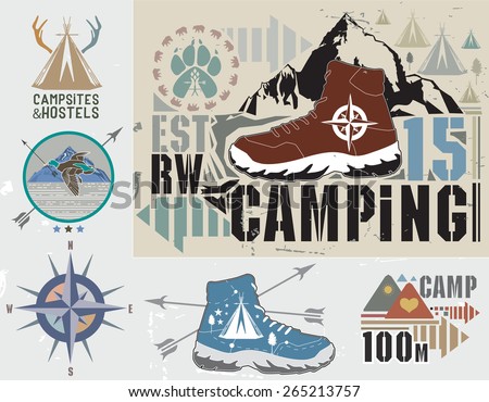 Set of retro camping and outdoor activity logos. Emblems and labels tourism and recreation.