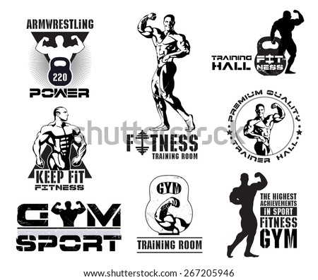 Bodybuilding logotype sign symbol. Fitness room logos emblems design element. Sports icons and elements. Gym bodybuilding icon icons. Bodybuilder , athlete icon. Sports equipment icons.