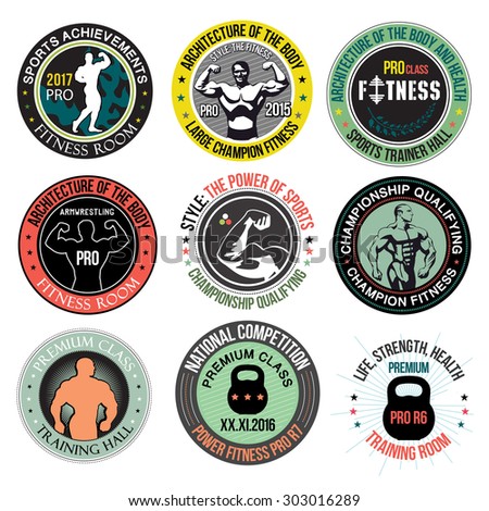 Set Bodybuilding and fitness gym logos, emblems and design elements. Vector Set of colored labels, badges: sports hall, a beautiful body, sports equipment.