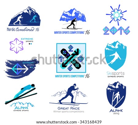 Set of cross-country skiing, winter sports badges for logos and labels. Design elements and icons for sport competitions, ski races, ski jumping. Winter sports logos and icons