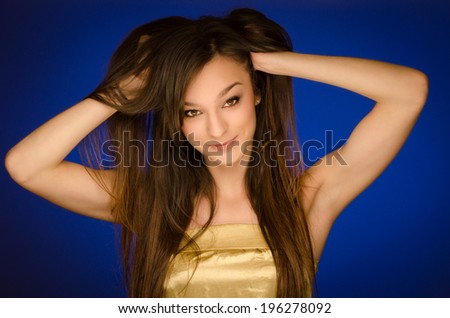 Young Women,Beautiful, beauty, Blue Background, Brown Hair, happy, funny, sweet