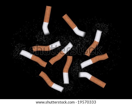 Used cigarette butts with ash on black background