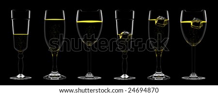 Champagne and wine in glasses with ice and without ice. Different variations.