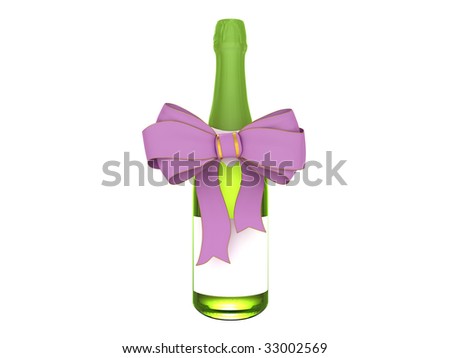 Champagne or wine bottle with bow and with blank label isolated on white background