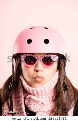 funny woman wearing cycling helmet portrait pink background real people high definition