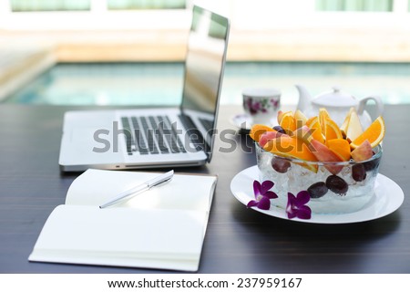 working home laptop business computer and Fruit blow