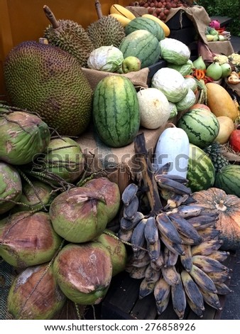 Group of mixed old fruits and vegetable on food maket festival