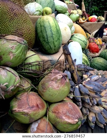 Group of mixed old fruits and vegetable on food maket festival