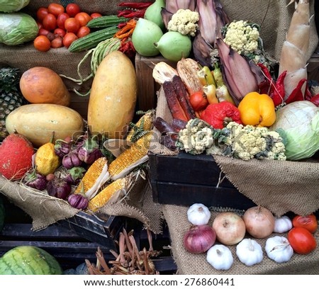 Group of mixed old fruits and vegetable snd herb on food maket festival