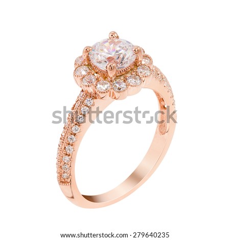 Diamond wedding pink gold ring. isolated on white