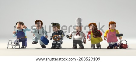 Diversity occupations people standing in a row looking for different direction and future.  Including doctor, cooker, driver, engineer, cleaner & veterinarian in colorful plastic block lifestyle.