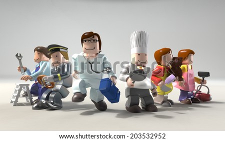 Diversity occupations people running to different direction and future.  Including doctor, cooker, driver, engineer, cleaner & veterinarian in colorful plastic block lifestyle.