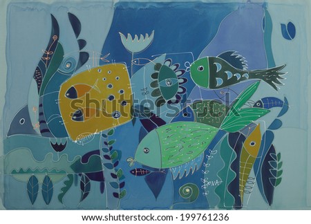 Abstract painting on silk with fish and marine life