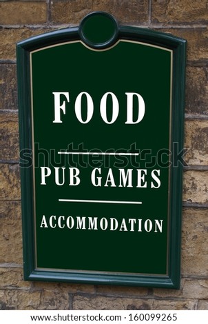 food, pub games, accommodation sign. hotel with a restaurant advertisement