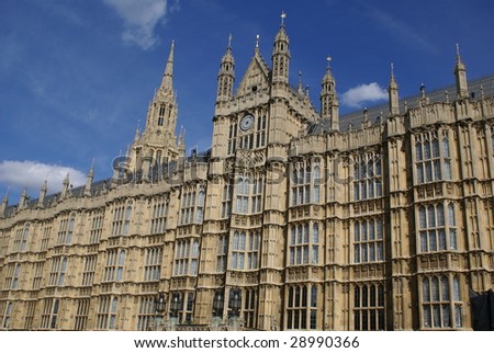 Top or exterior of Westminster palace or The British Parliament. Tourist attraction in London