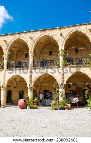 Buyuk Han (The Great Inn) Nicosia, North Cyprus. Ancient Ottoman architecture. Antique arch buildings.