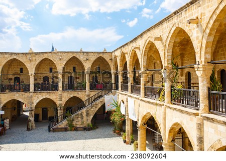 Buyuk Han (The Great Inn) Nicosia, North Cyprus. Ancient Ottoman architecture. Antique arch building.