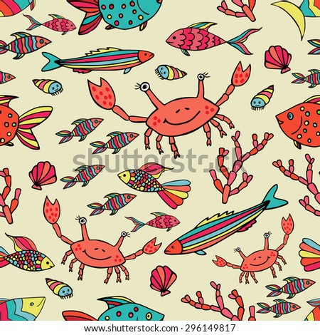 Doodle seamless pattern. Sea Marine life. Childish doodle pattern. Underwater animals. Crabs and fishes.