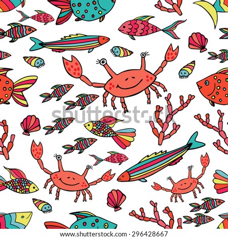 Underwater animals cute cartoon seamless hand-drawn pattern