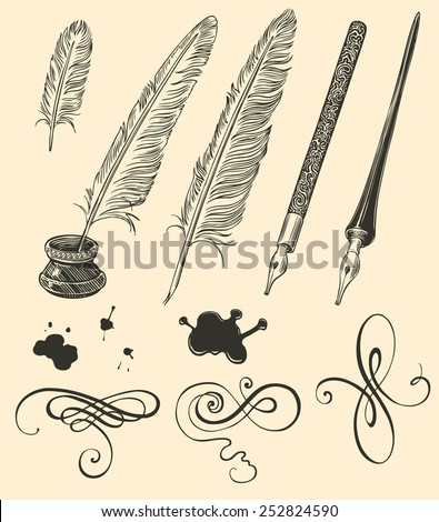 Hand drawn feathers and curls isolated on color background .8 EPS