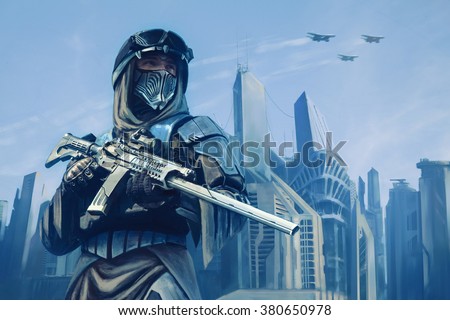 Futuristic warrior with weapons