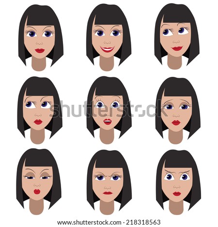 Set of variation of emotions of the same girl. She is remembering, thinking, sad, dreaming, angry, surprised, sending a kiss, outraged, smiling