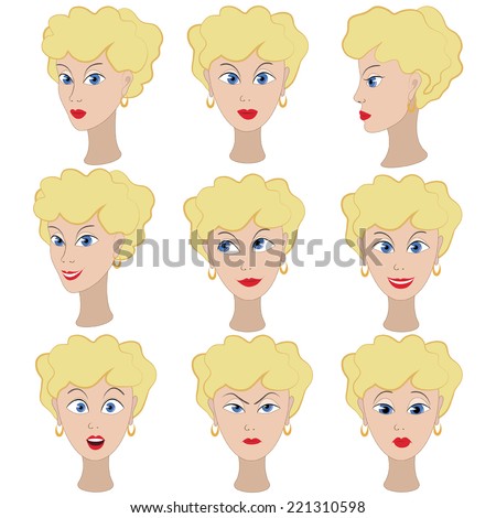 Set of variation of emotions of the same girl with blonde hair. She is remembering, thinking, sad, dreaming, angry, surprised, outraged, smiling. She have short curly hair and blue eyes.