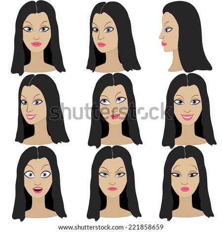 Set of variation of emotions of the same girl with black hair. She is remembering, thinking, sad, dreaming, angry, surprised, outraged, smiling. She have long, wavy hair and blue eyes.