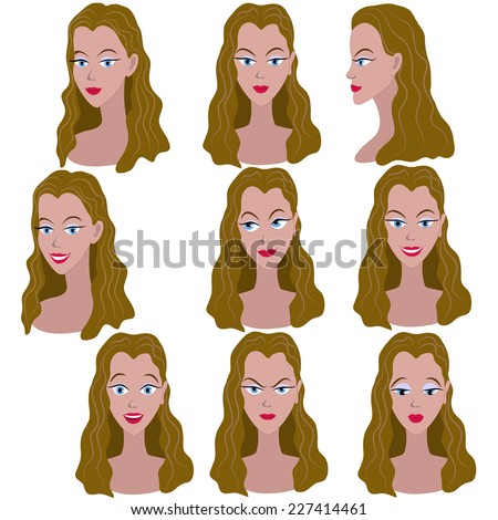 Set of variation of emotions of the same girl with brown hair. She is remembering, thinking, sad, dreaming, angry, surprised, outraged, smiling. She have long wavy hair and blue eyes.