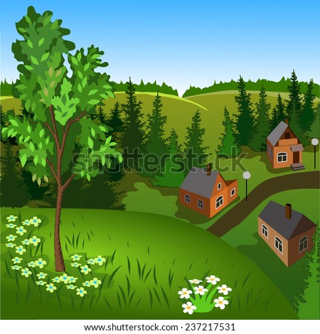 View of landscape of summer town from hill. Day, sky, skyline, forest, houses, tree, valley.