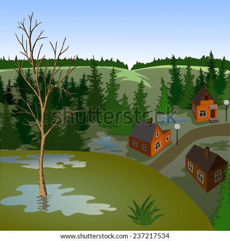 View of landscape of spring town from hill. Day, sky, skyline, forest, houses, tree, valley.