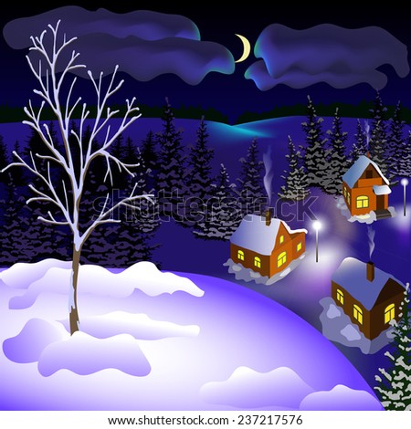 View of landscape of winter town at the night from hill. Night, moon, sky, skyline, forest, houses.