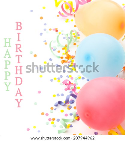 Birthday (holiday party) arrangement. Balloons and confetti isolated on white.